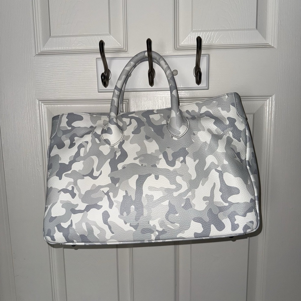 Mark & Graham Elisabeth White Gray Camo Large Leather Tote Bag Purse Handbag - Picture 12 of 14
